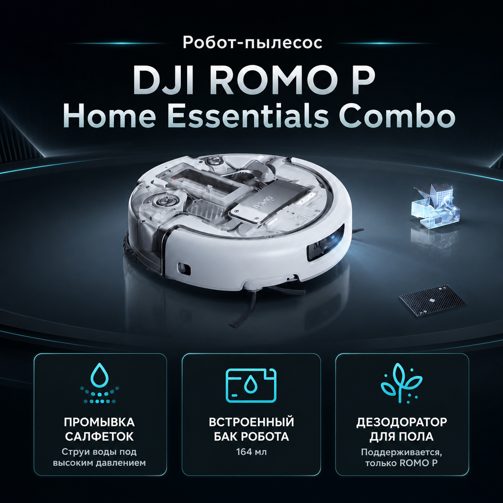 Робот-пылесос DJI ROMO P Home Essentials Combo — инфографика