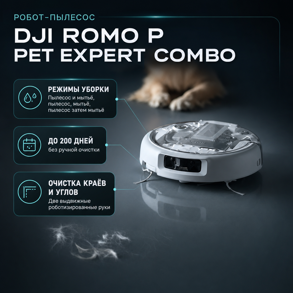 Робот-пылесос DJI ROMO P Pet Expert Combo — инфографика