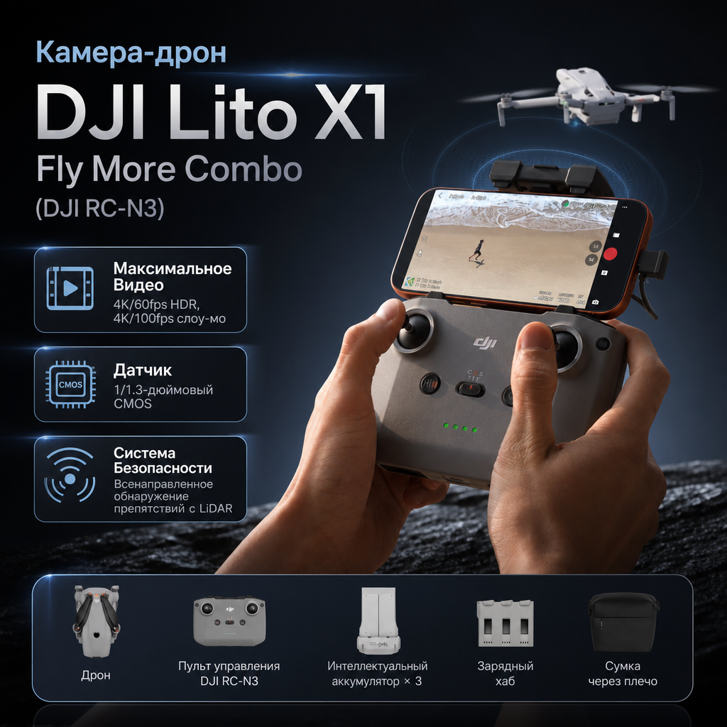 Камера-дрон DJI Lito X1 Fly More Combo (DJI RC-N3) — инфографика