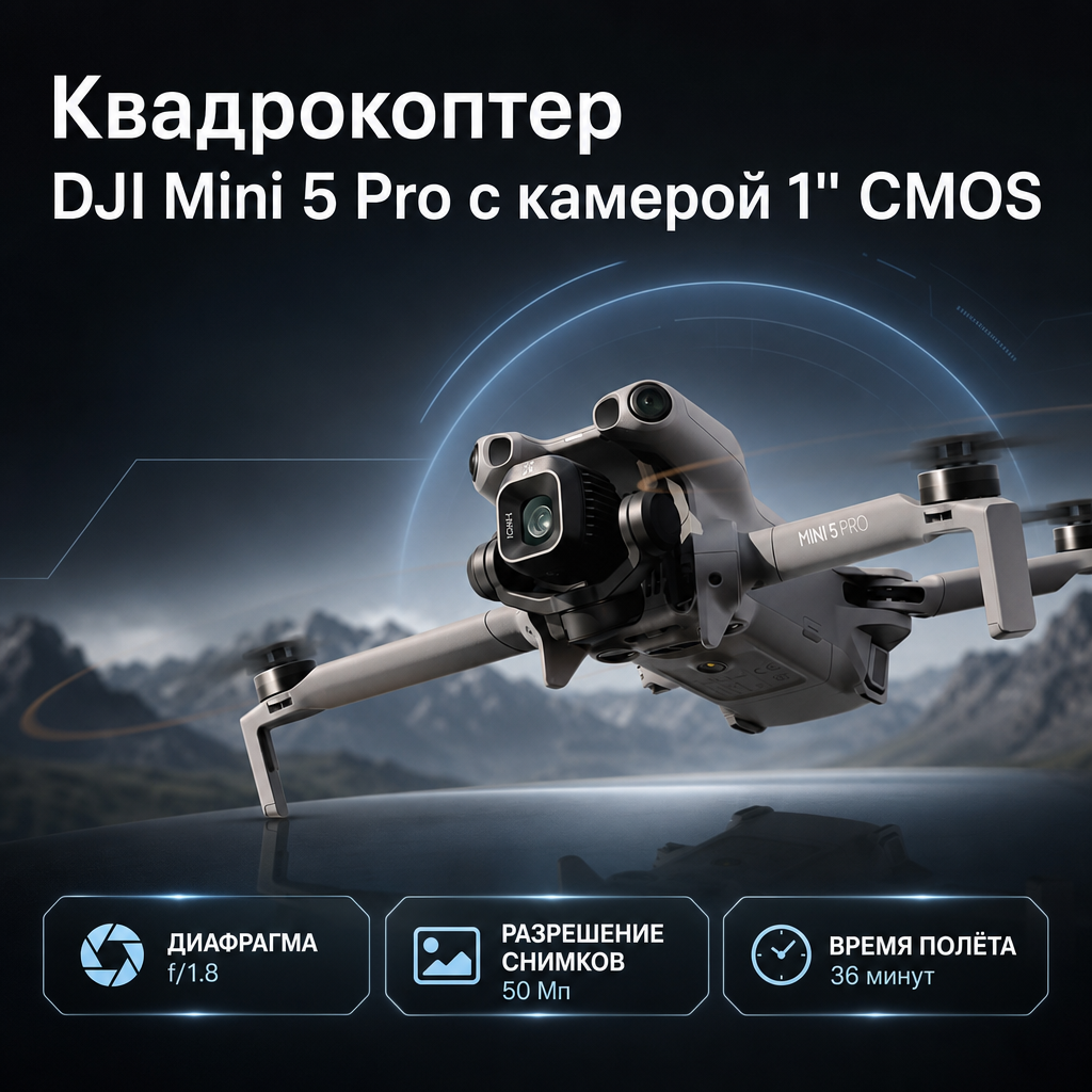 Квадрокоптер DJI Mini 5 Pro с камерой 1" CMOS — инфографика