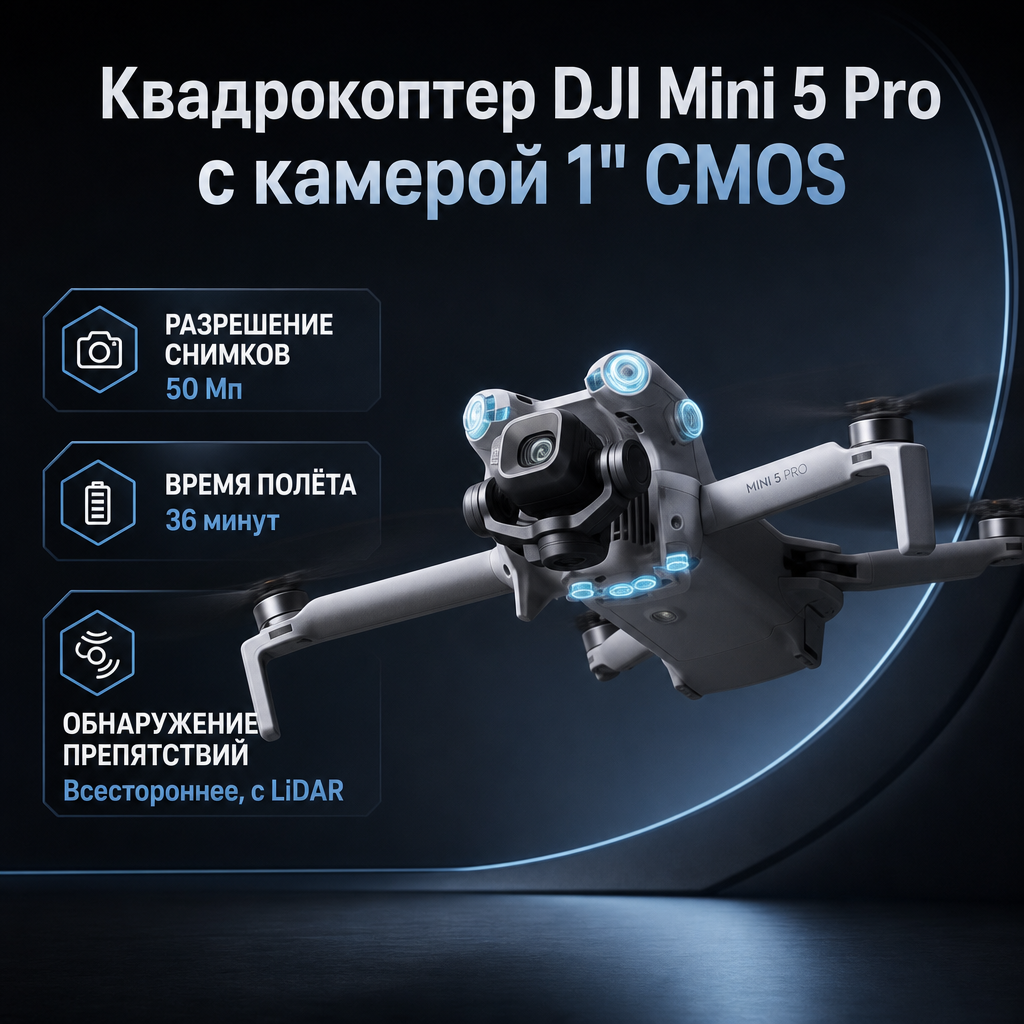Квадрокоптер DJI Mini 5 Pro с камерой 1" CMOS — инфографика