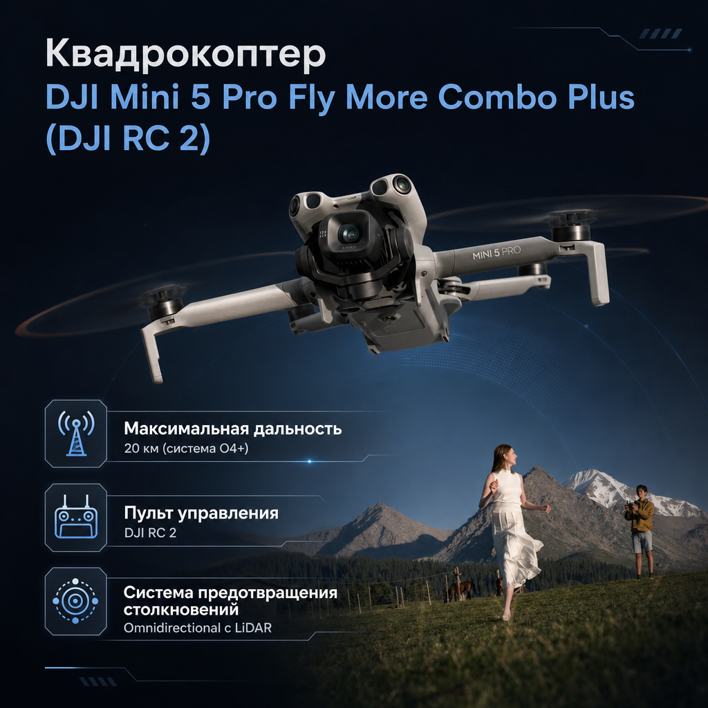 Квадрокоптер DJI Mini 5 Pro Fly More Combo Plus (DJI RC 2) — инфографика