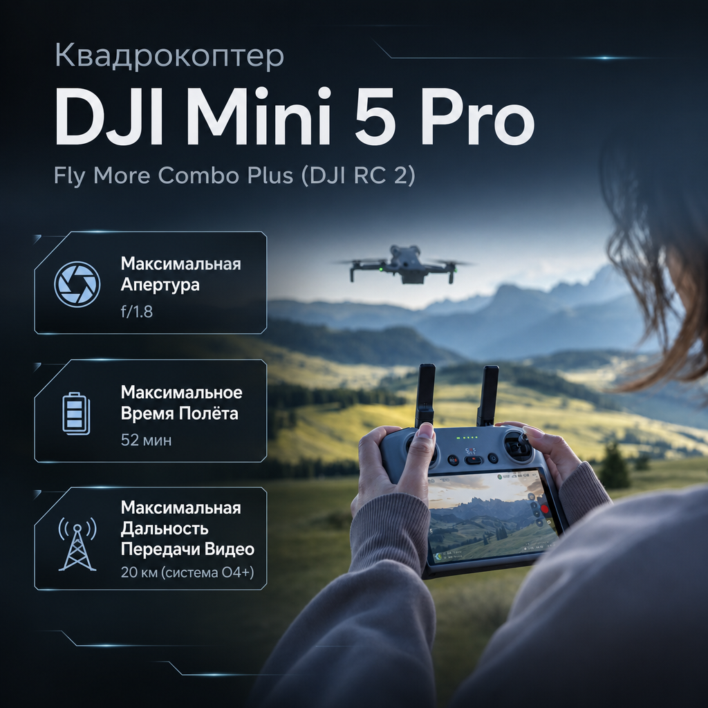 Квадрокоптер DJI Mini 5 Pro Fly More Combo Plus (DJI RC 2) — инфографика