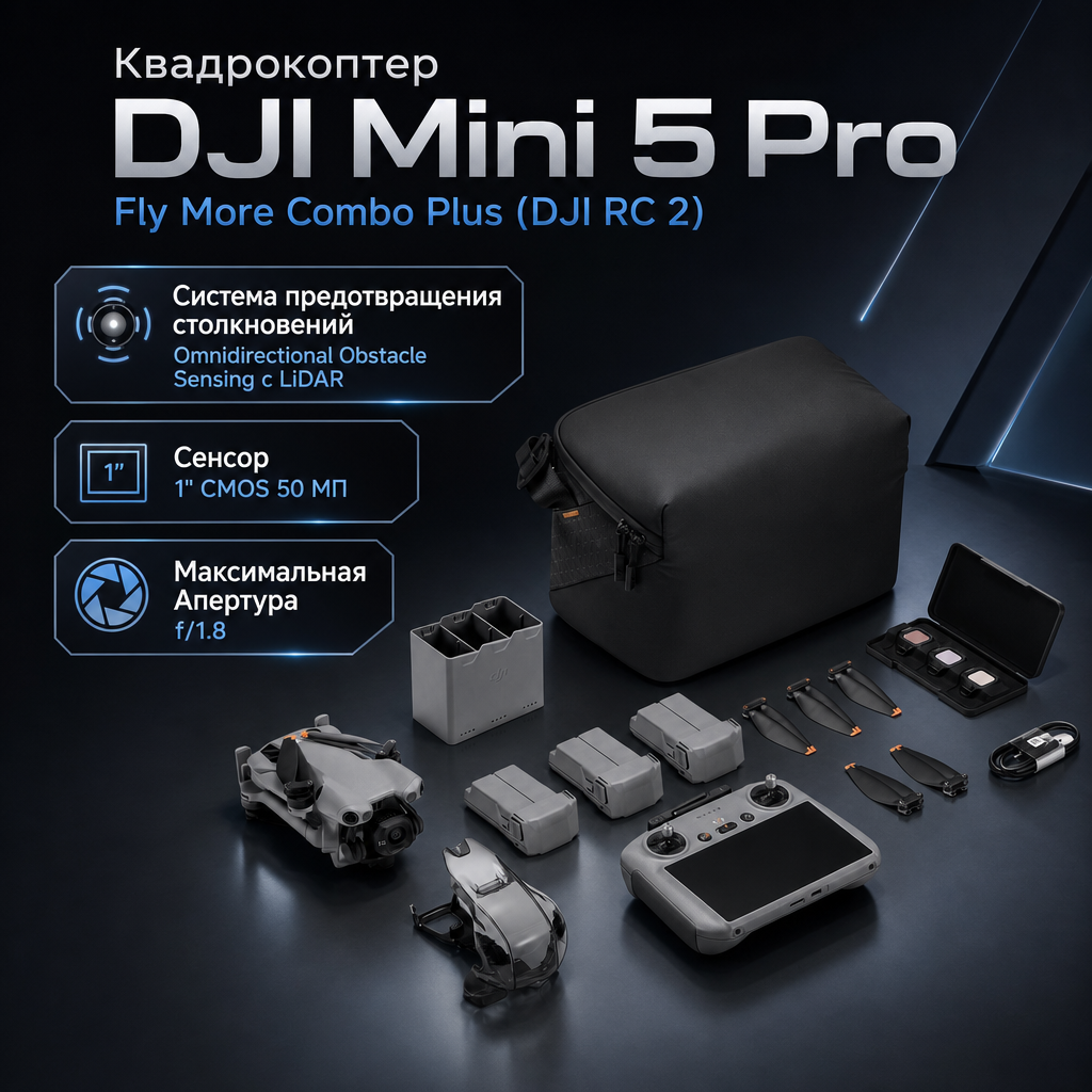 Квадрокоптер DJI Mini 5 Pro Fly More Combo Plus (DJI RC 2) — инфографика