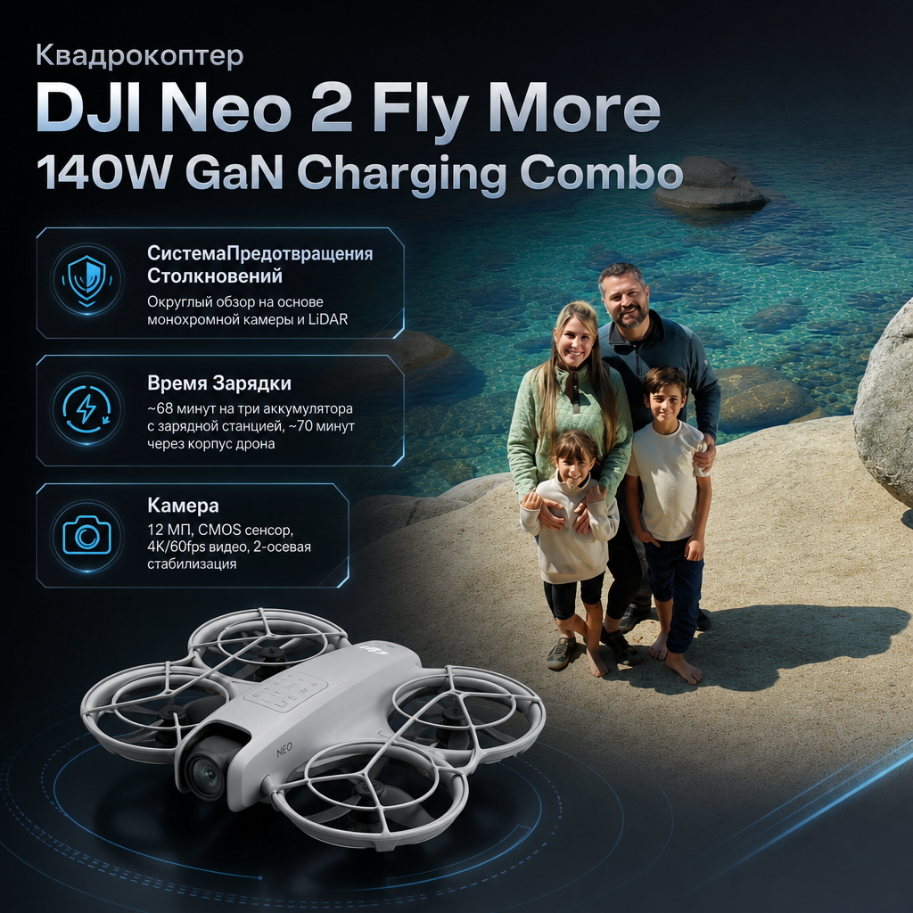 Квадрокоптер DJI Neo 2 Fly More 140W GaN Charging Combo — инфографика