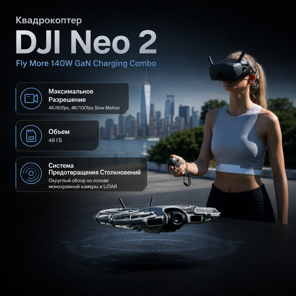 Квадрокоптер DJI Neo 2 Fly More 140W GaN Charging Combo — инфографика