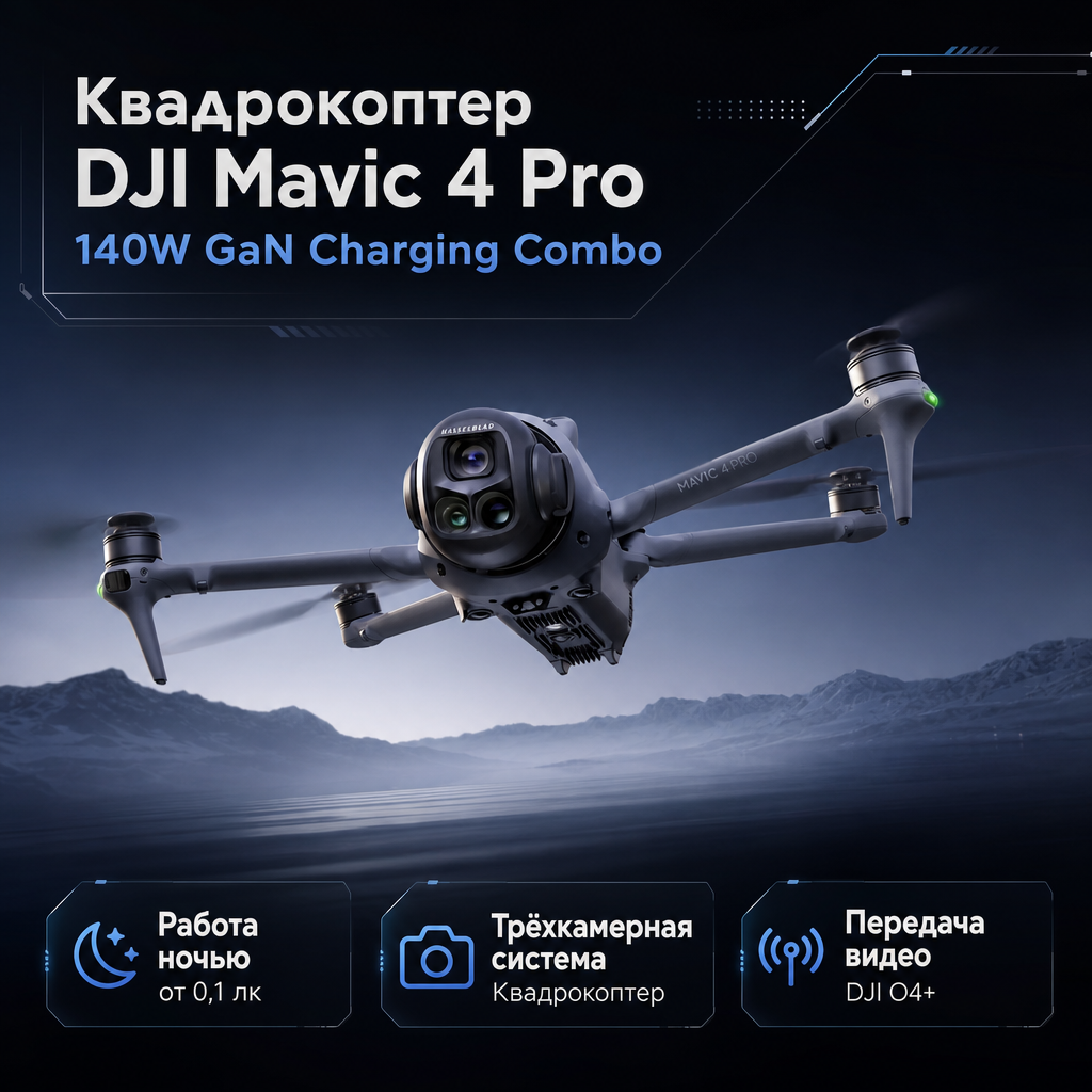 Квадрокоптер DJI Mavic 4 Pro 140W GaN Charging Combo — инфографика