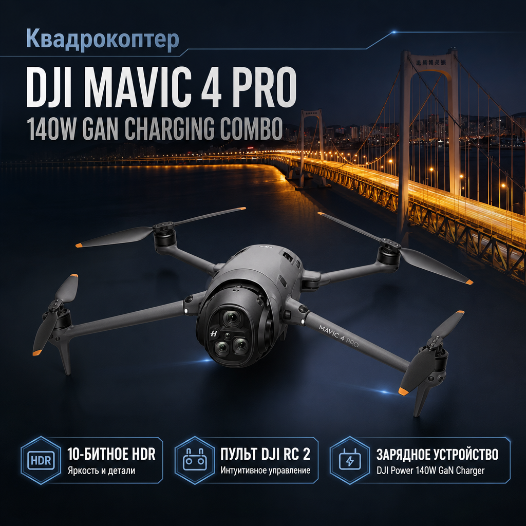 Квадрокоптер DJI Mavic 4 Pro 140W GaN Charging Combo — инфографика