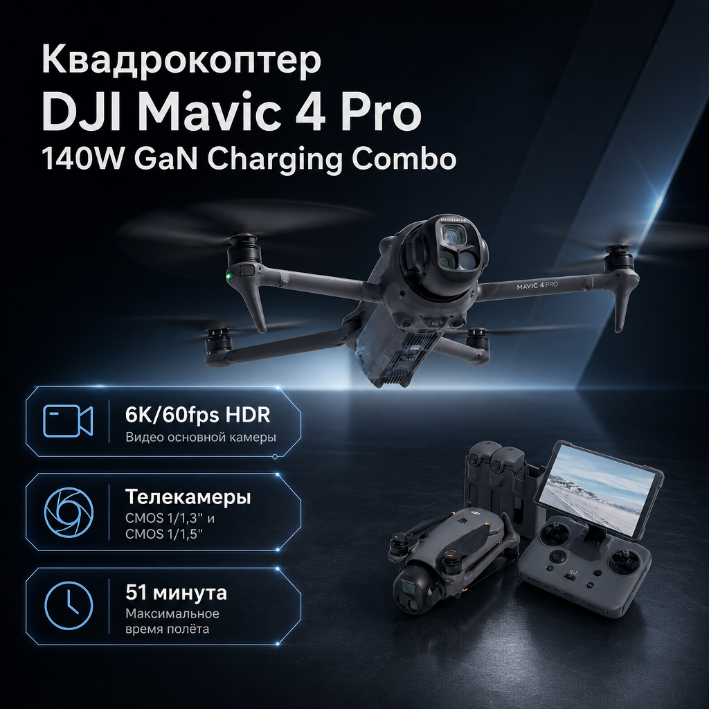 Квадрокоптер DJI Mavic 4 Pro 140W GaN Charging Combo — инфографика