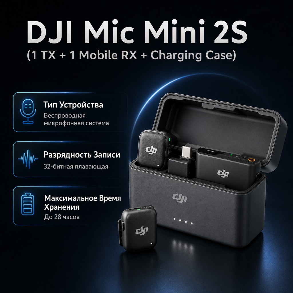 Инфографика: DJI Mic Mini 2S (1 TX + 1 Mobile RX + Charging Case)