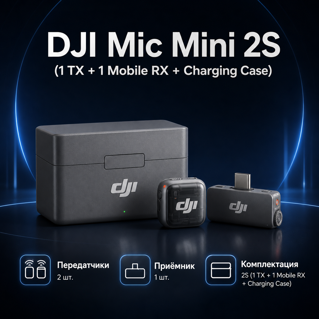 Инфографика: DJI Mic Mini 2S (1 TX + 1 Mobile RX + Charging Case)