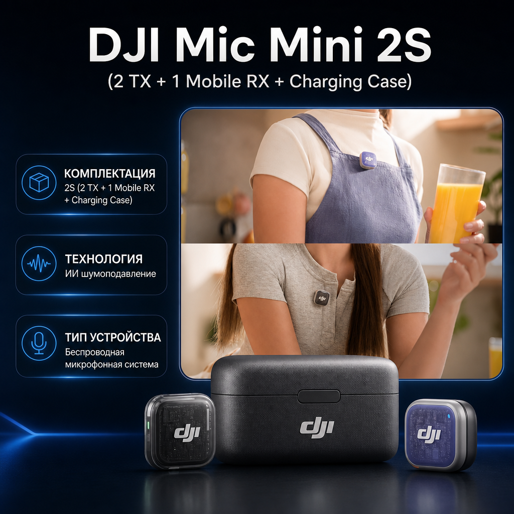 Инфографика: DJI Mic Mini 2S (2 TX + 1 Mobile RX + Charging Case)