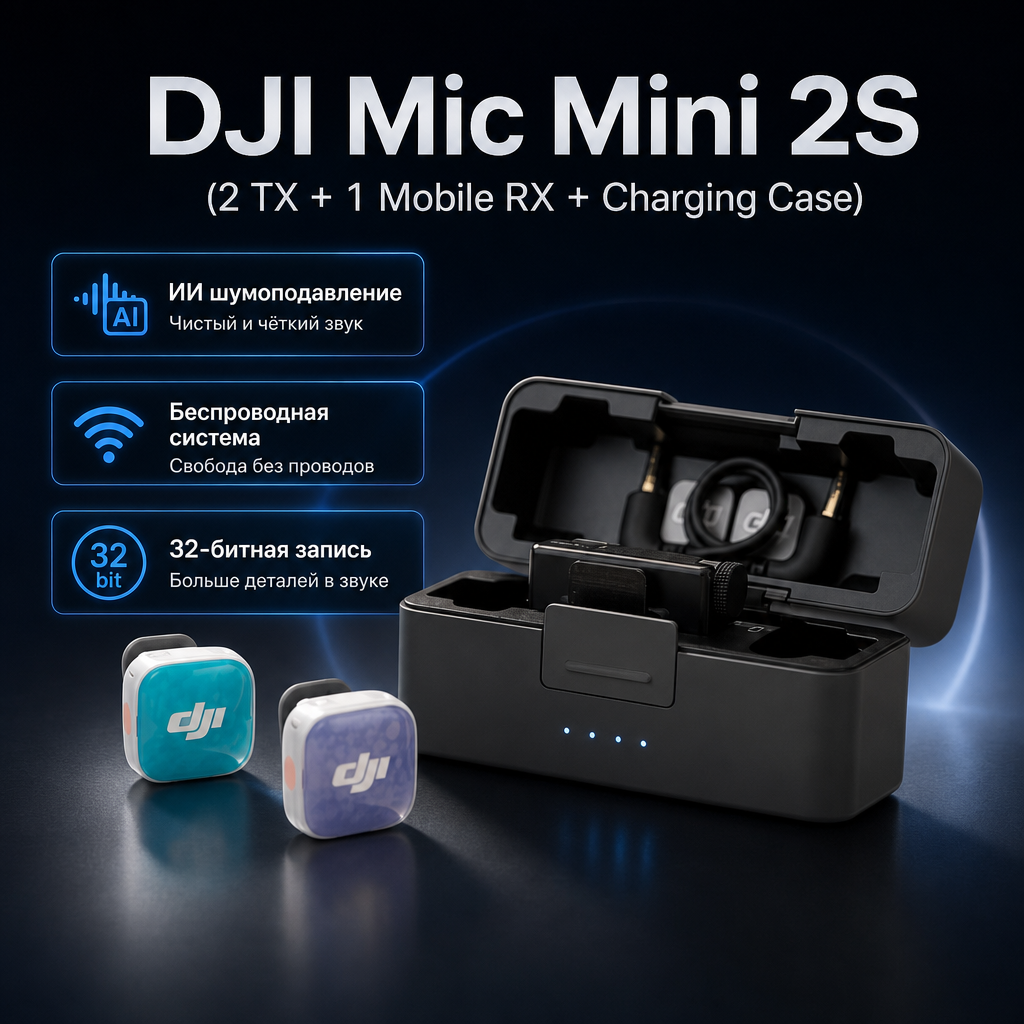 Инфографика: DJI Mic Mini 2S (2 TX + 1 Mobile RX + Charging Case)