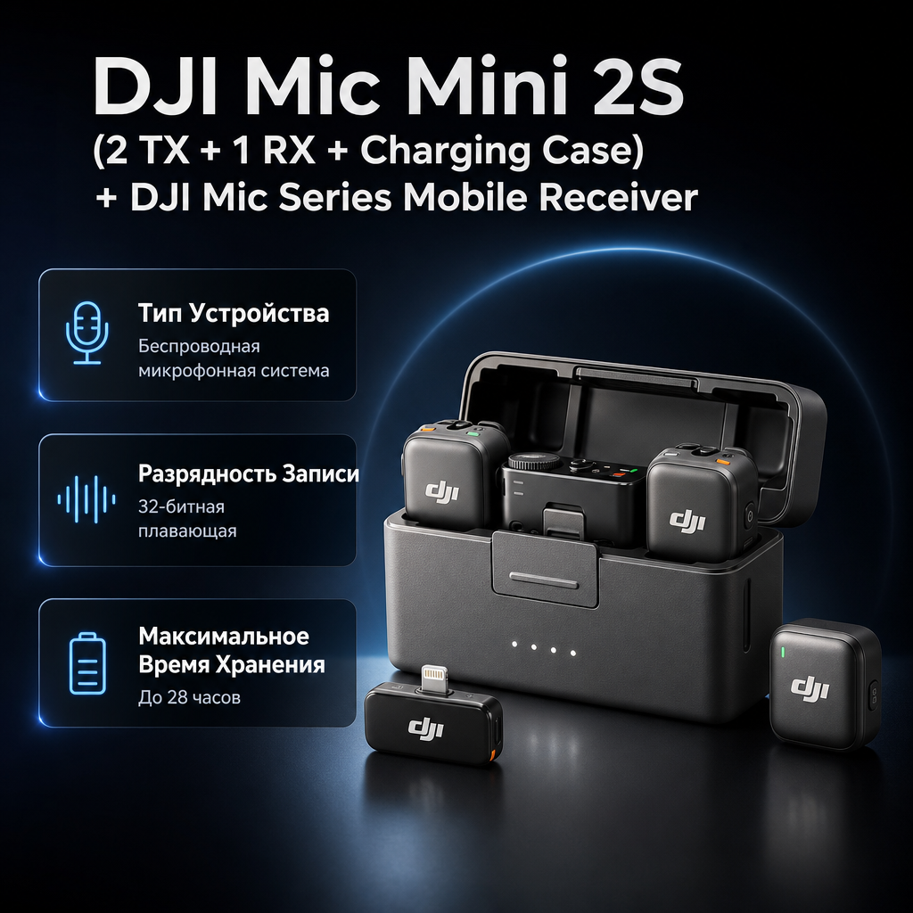 Инфографика: DJI Mic Mini 2S (2 TX + 1 RX + Charging Case) + DJI Mic Series Mobile Receiver