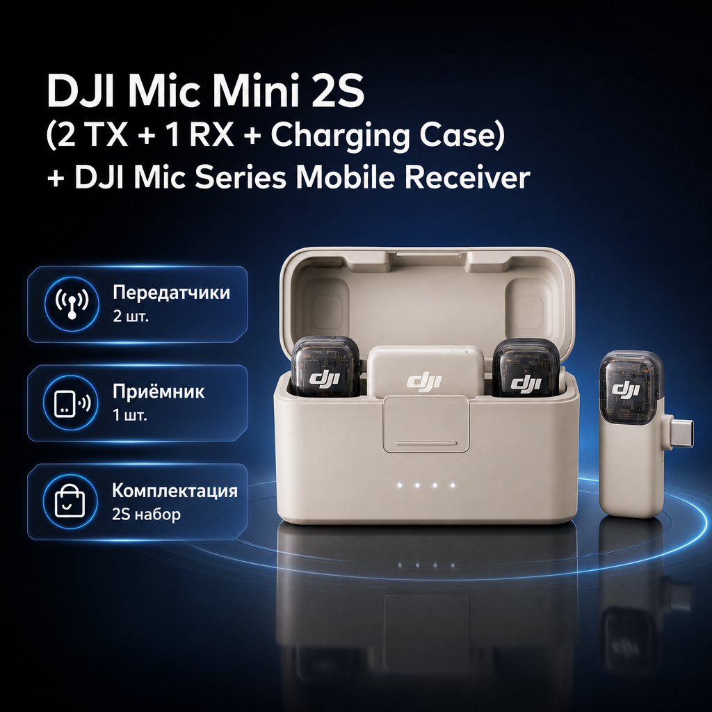 Инфографика: DJI Mic Mini 2S (2 TX + 1 RX + Charging Case) + DJI Mic Series Mobile Receiver