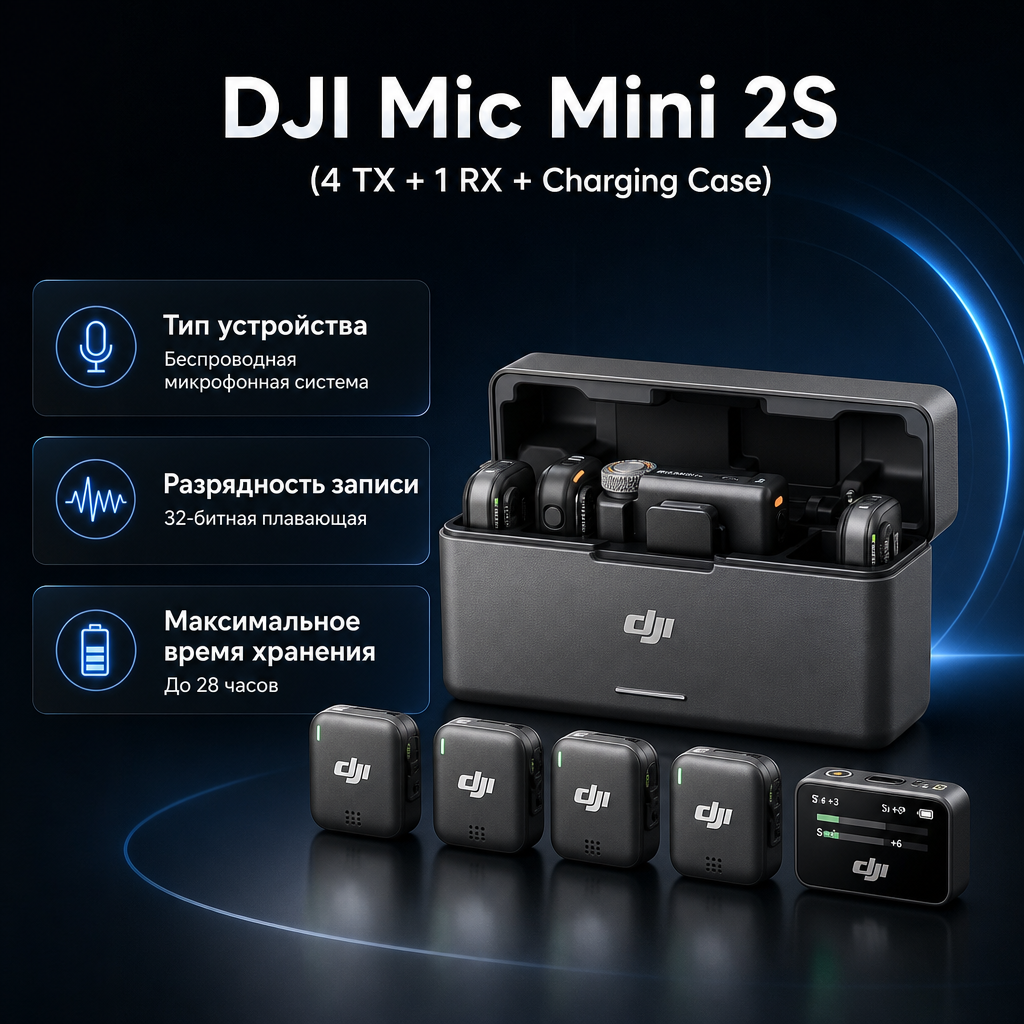 Инфографика: DJI Mic Mini 2S (4 TX + 1 RX + Charging Case)