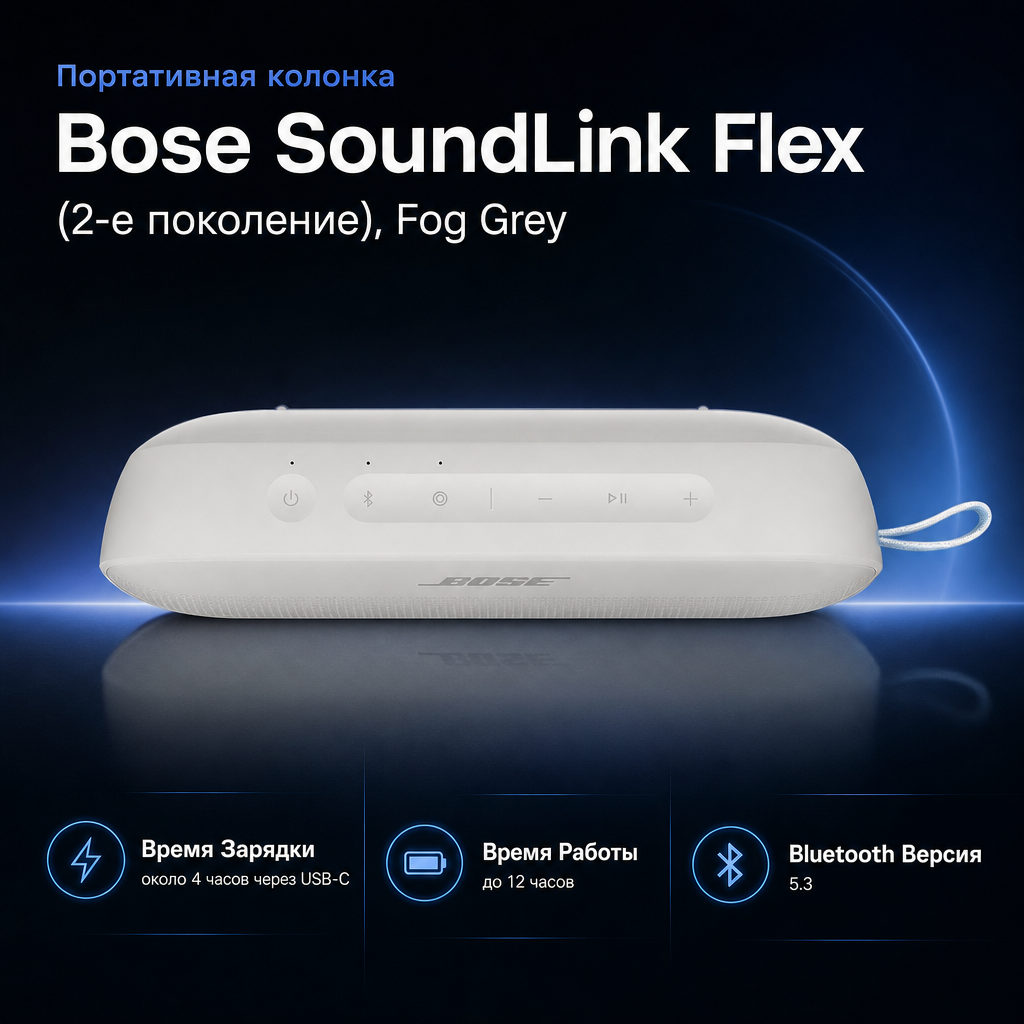 Инфографика: Портативная колонка Bose SoundLink Flex (2-е поколение), Fog Grey
