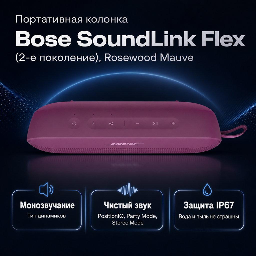 Инфографика: Портативная колонка Bose SoundLink Flex (2-е поколение), Rosewood Mauve