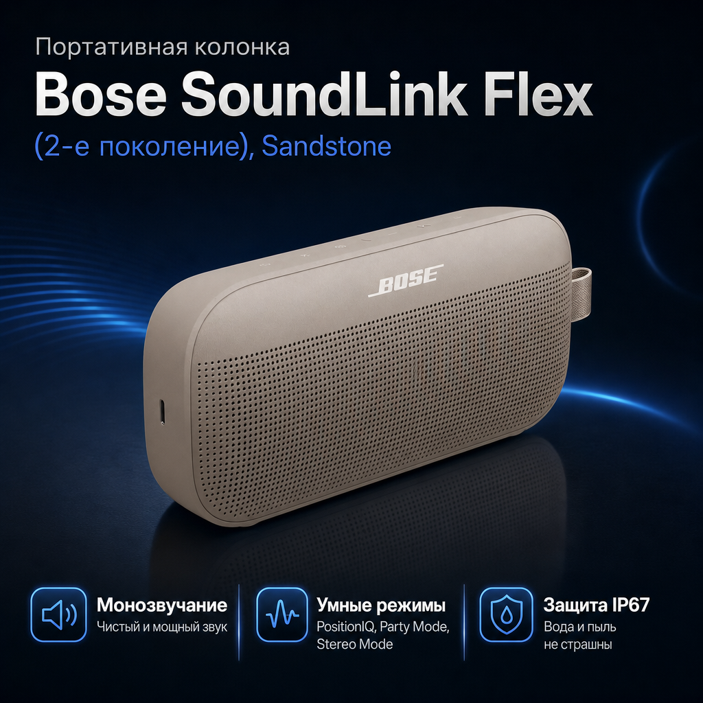 Инфографика: Портативная колонка Bose SoundLink Flex (2-е поколение), Sandstone