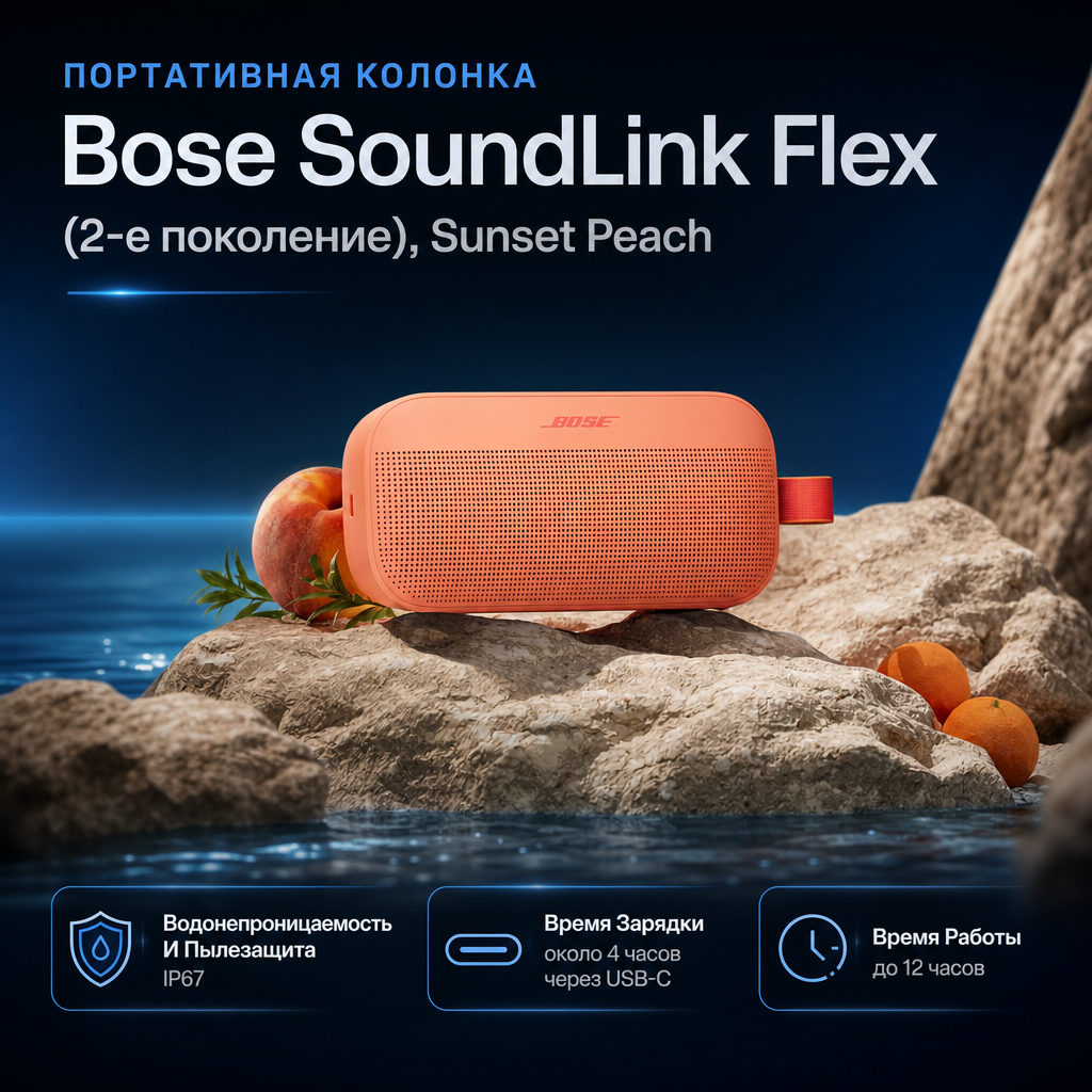 Инфографика: Портативная колонка Bose SoundLink Flex (2-е поколение), Sunset Peach