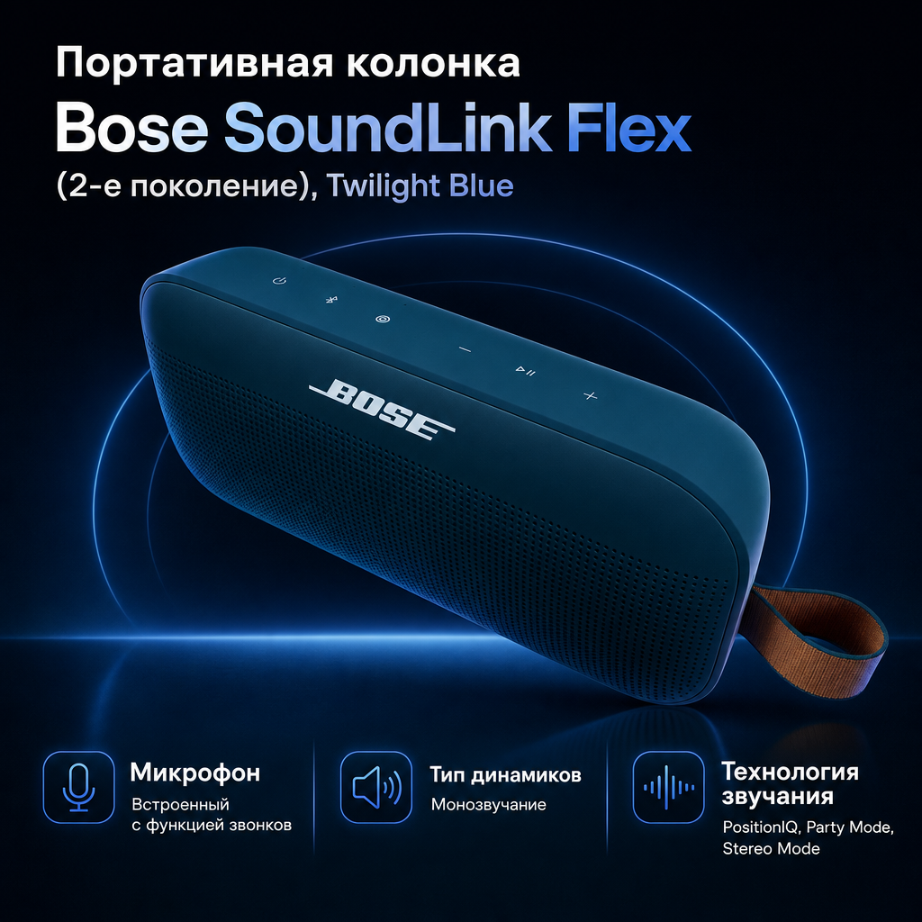 Инфографика: Портативная колонка Bose SoundLink Flex (2-е поколение), Twilight Blue