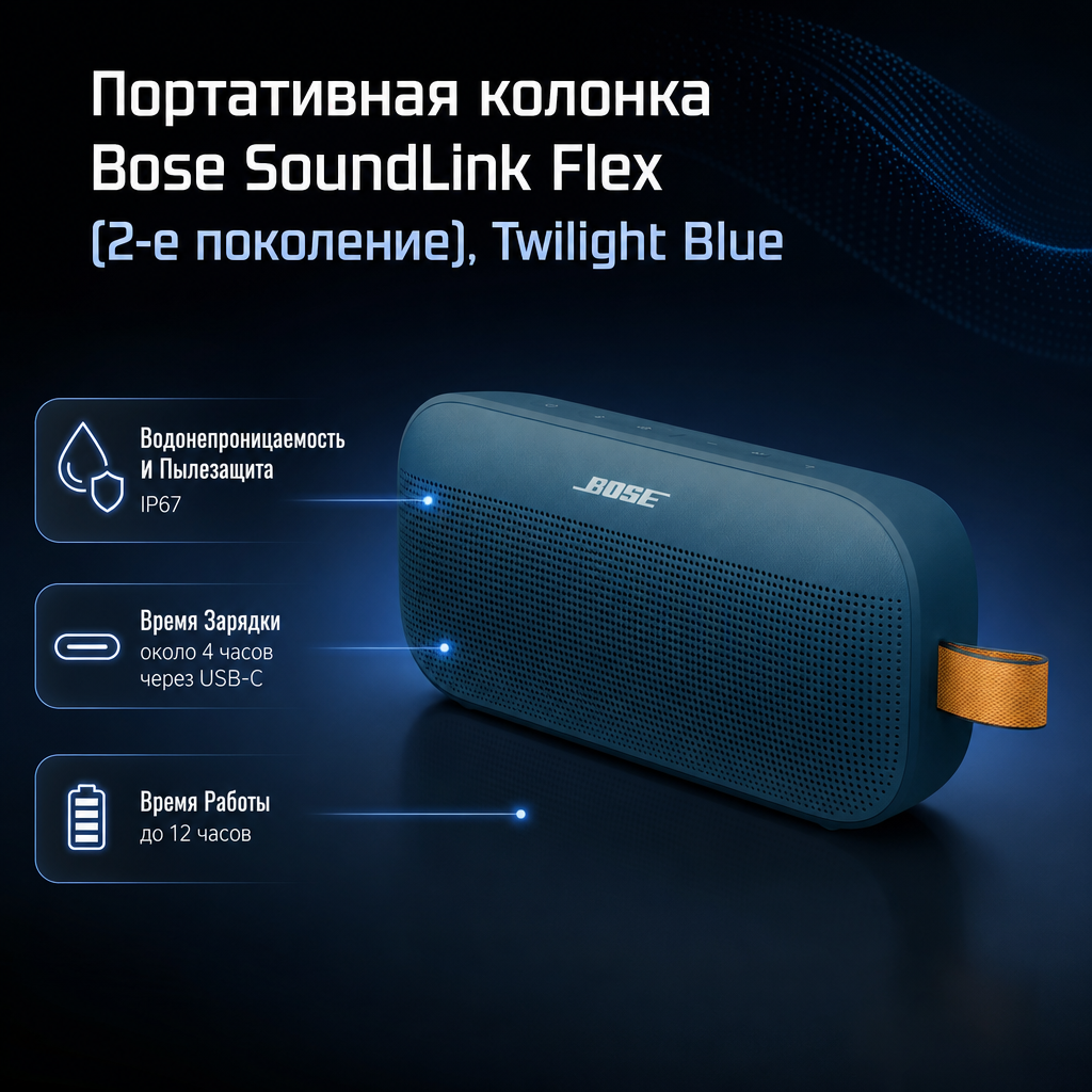 Инфографика: Портативная колонка Bose SoundLink Flex (2-е поколение), Twilight Blue