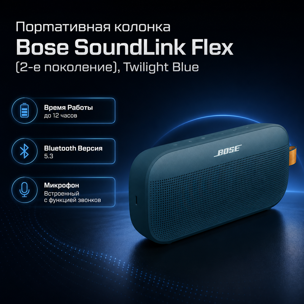 Инфографика: Портативная колонка Bose SoundLink Flex (2-е поколение), Twilight Blue