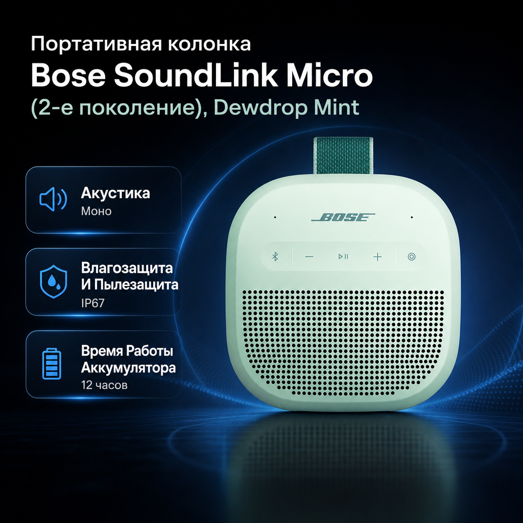 Инфографика: Портативная колонка Bose SoundLink Micro (2-е поколение), Dewdrop Mint