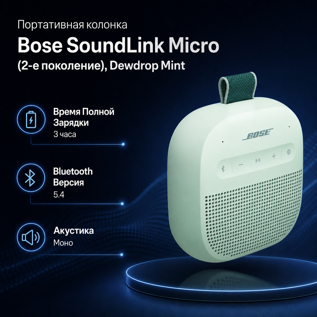 Инфографика: Портативная колонка Bose SoundLink Micro (2-е поколение), Dewdrop Mint