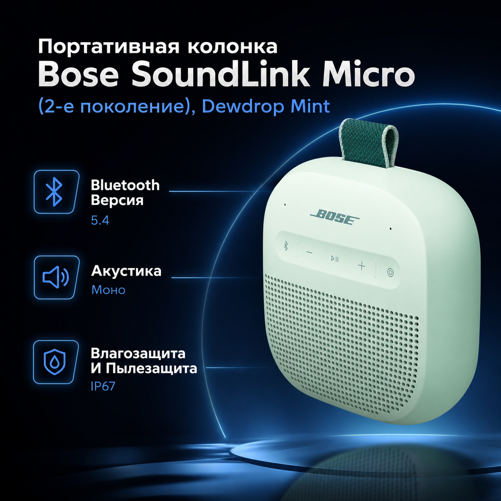 Инфографика: Портативная колонка Bose SoundLink Micro (2-е поколение), Dewdrop Mint