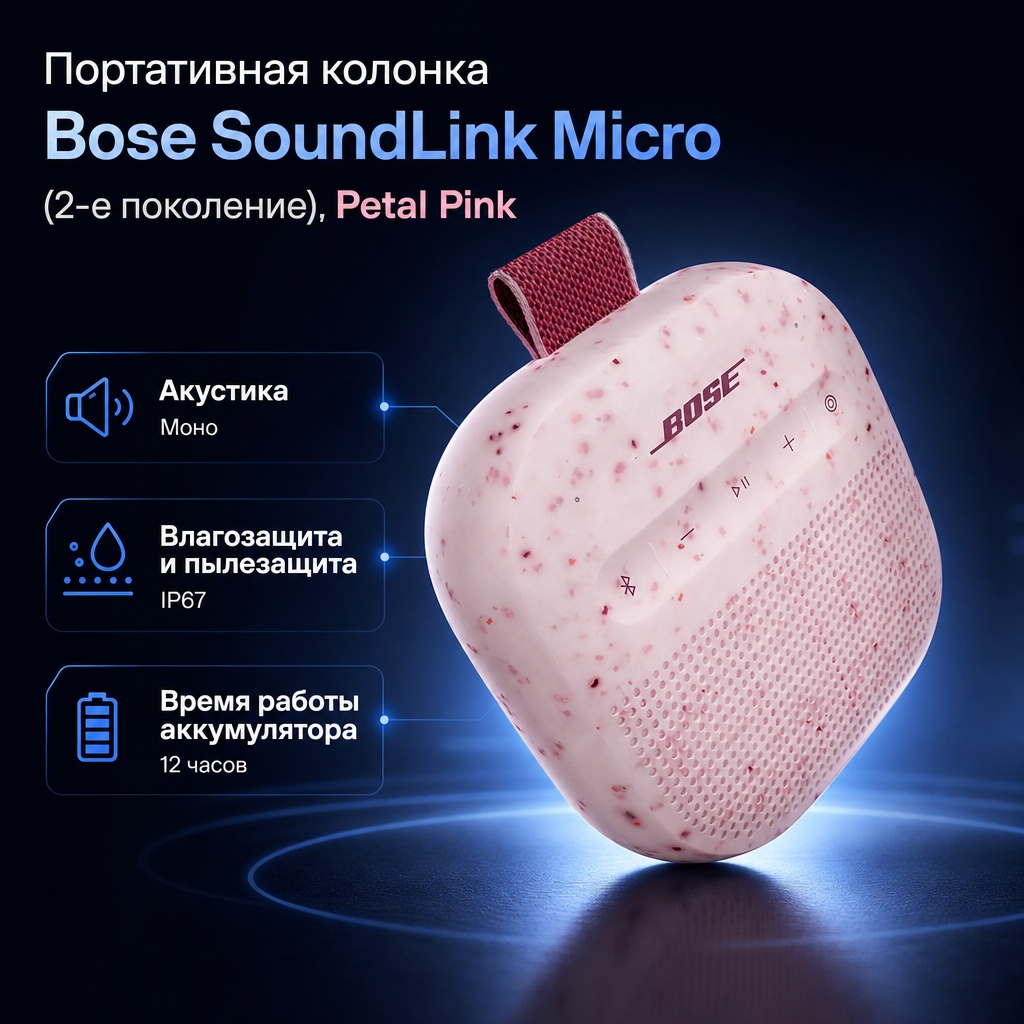 Инфографика: Портативная колонка Bose SoundLink Micro (2-е поколение), Petal Pink