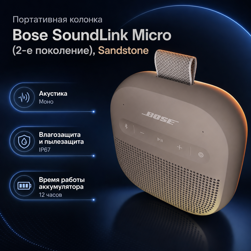 Инфографика: Портативная колонка Bose SoundLink Micro (2-е поколение), Sandstone