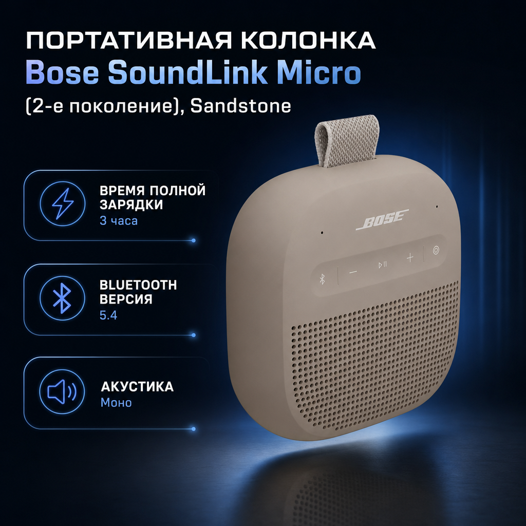 Инфографика: Портативная колонка Bose SoundLink Micro (2-е поколение), Sandstone