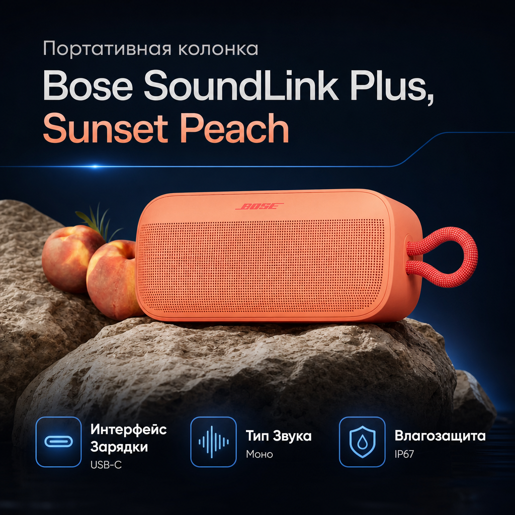 Инфографика: Портативная колонка Bose SoundLink Plus, Sunset Peach