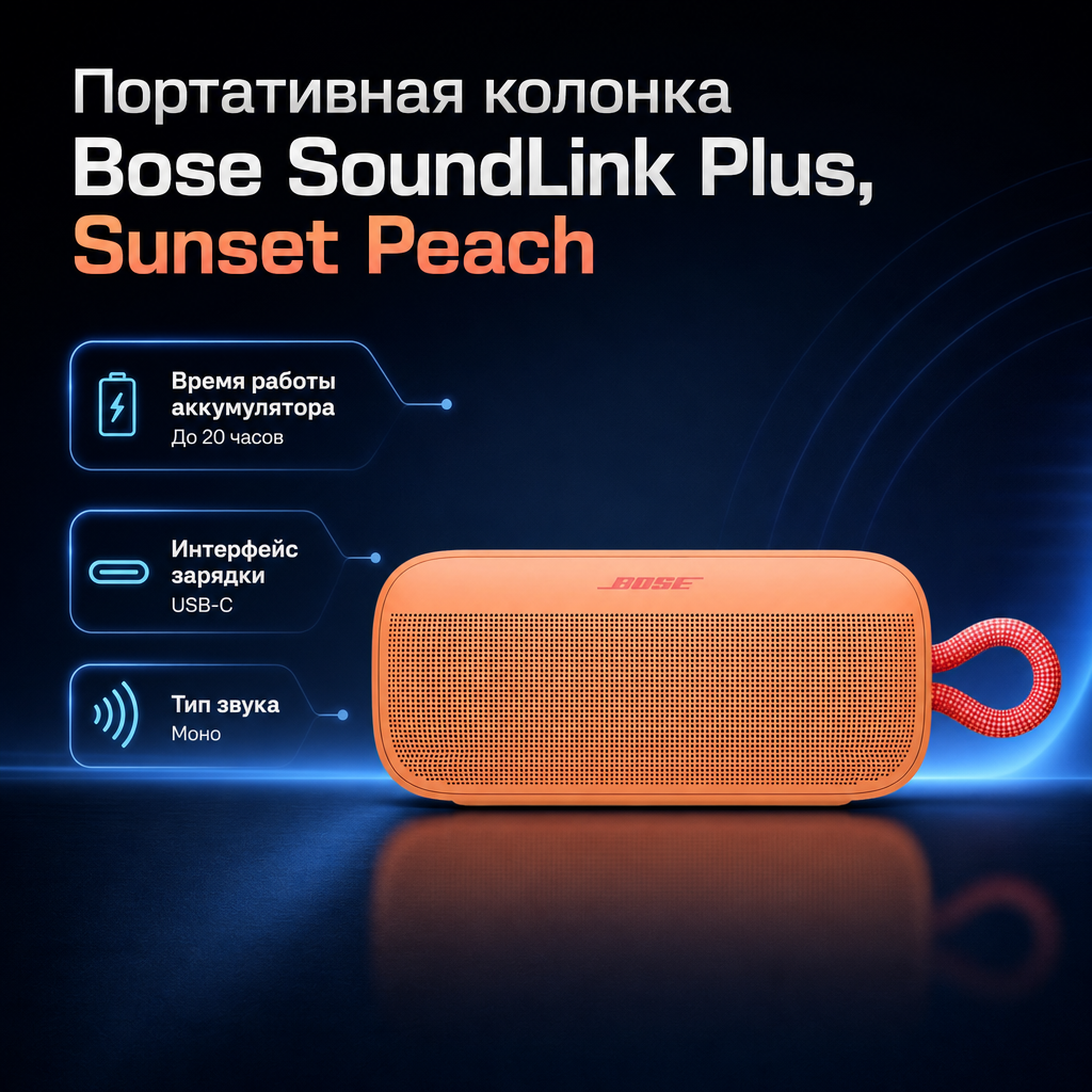 Инфографика: Портативная колонка Bose SoundLink Plus, Sunset Peach