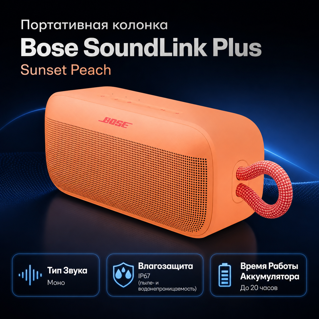 Инфографика: Портативная колонка Bose SoundLink Plus, Sunset Peach
