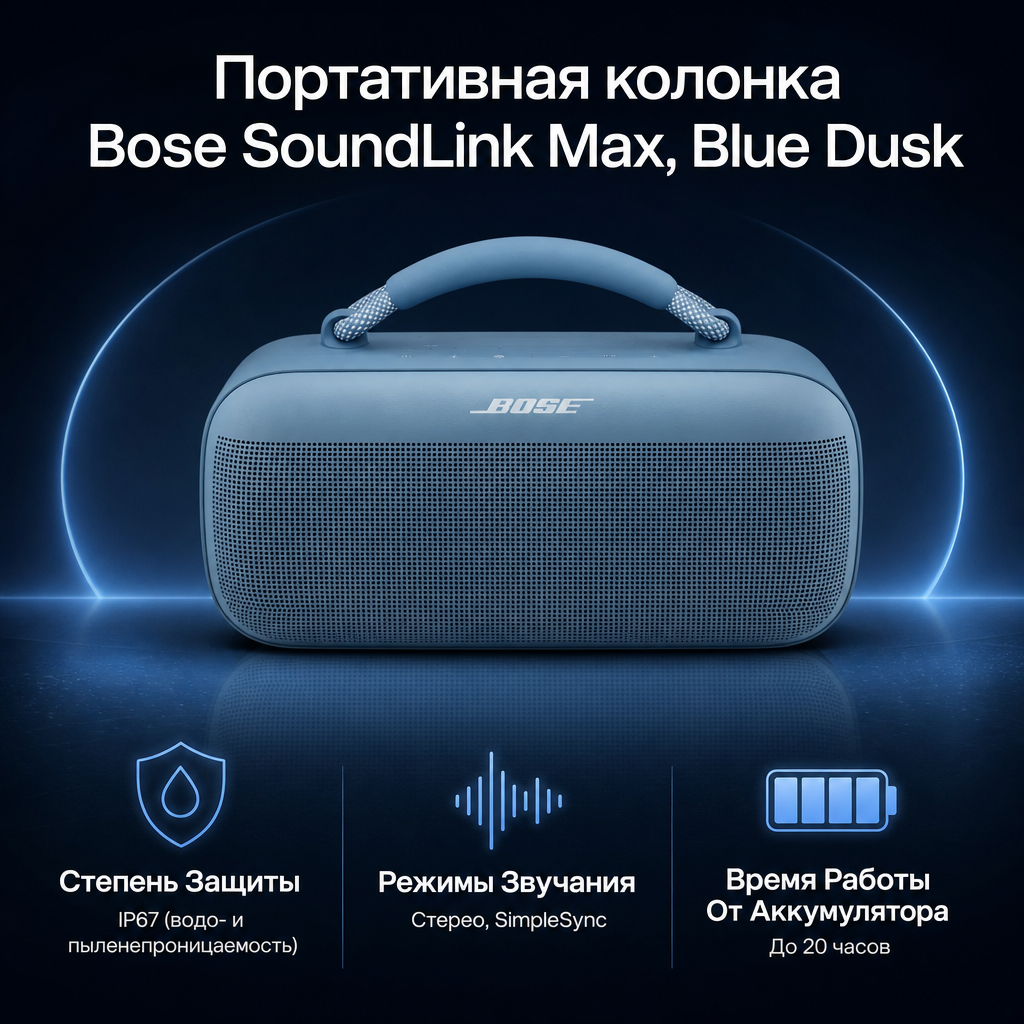 Инфографика: Портативная колонка Bose SoundLink Max, Blue Dusk