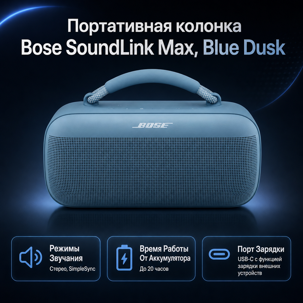 Инфографика: Портативная колонка Bose SoundLink Max, Blue Dusk