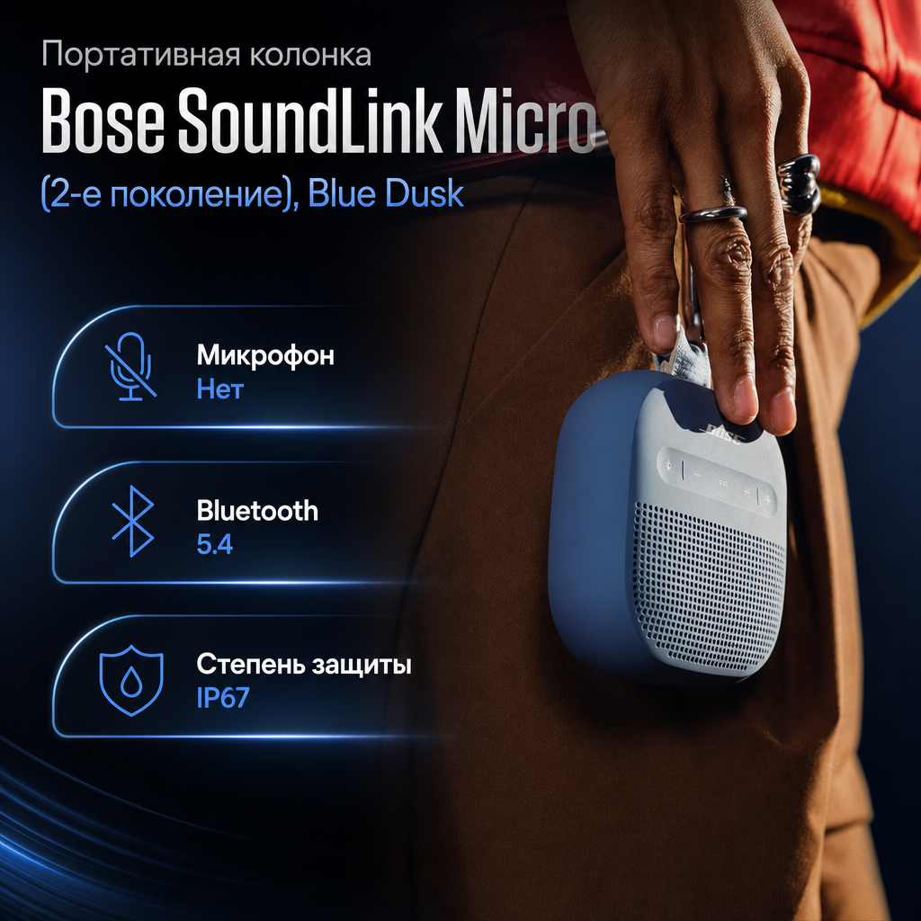 Портативная колонка Bose SoundLink Micro (2-е поколение), Blue Dusk — инфографика