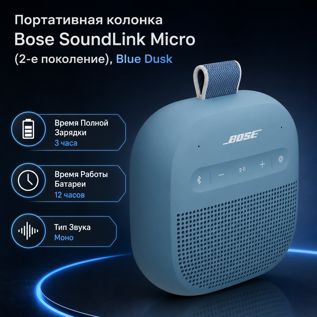 Портативная колонка Bose SoundLink Micro (2-е поколение), Blue Dusk — инфографика