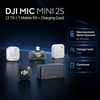 Инфографика: DJI Mic Mini 2S (2 TX + 1 Mobile RX + Charging Case)