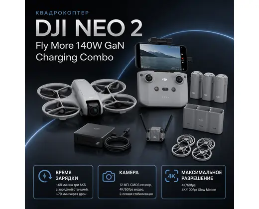Квадрокоптер DJI Neo 2 Fly More 140W GaN Charging Combo — инфографика