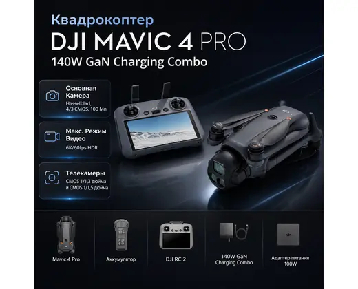 Квадрокоптер DJI Mavic 4 Pro 140W GaN Charging Combo — инфографика
