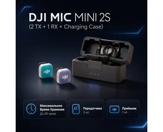 Инфографика: DJI Mic Mini 2S (2 TX + 1 RX + Charging Case)