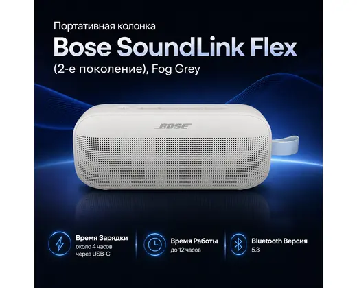 Инфографика: Портативная колонка Bose SoundLink Flex (2-е поколение), Fog Grey